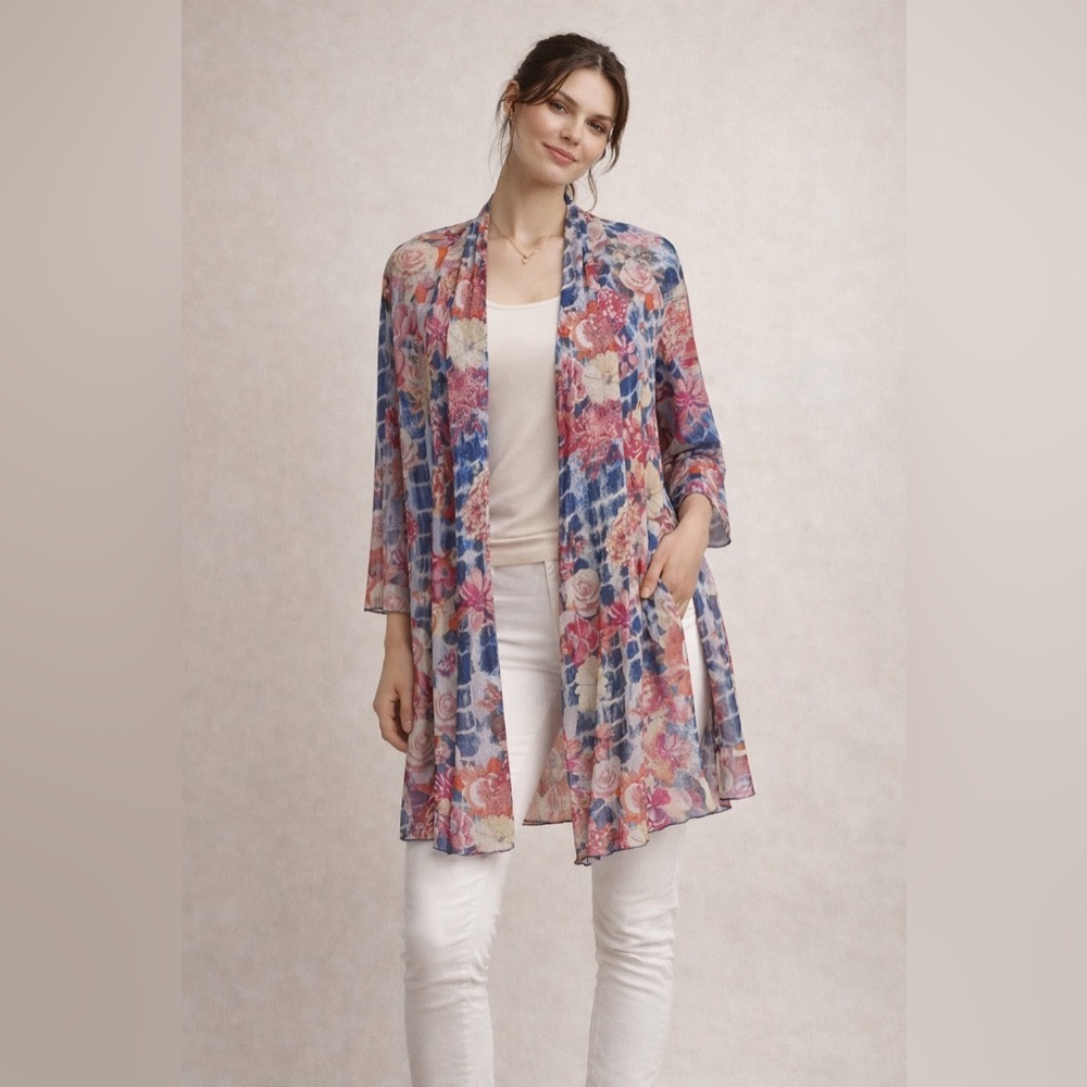 Ali Miles Floral Watercolor Art to Wear Open Cardigan XL Lagenlook Coastal Boho